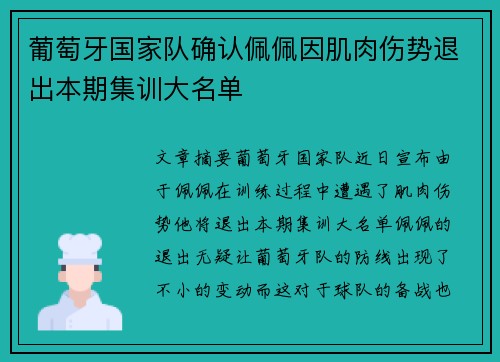 葡萄牙国家队确认佩佩因肌肉伤势退出本期集训大名单 葡萄牙国家队确认佩佩因肌肉伤势退出本期集训大名单